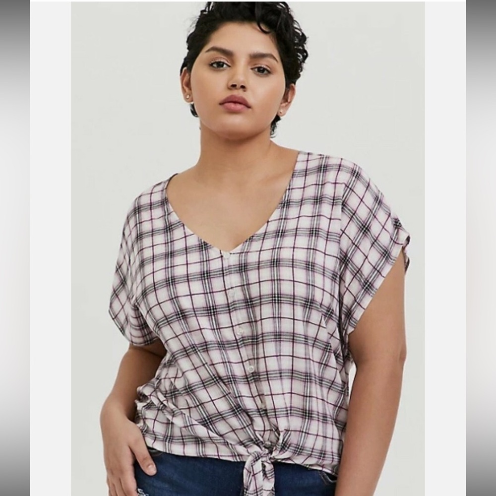 Torrid Plaid V-Neck Button-Down Tie Front Top